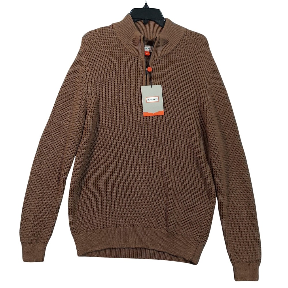 Hunter Sweater Mens Medium Brown‎ Waffle Knit 1/4 Zip Mock Neck Cotton Pullover